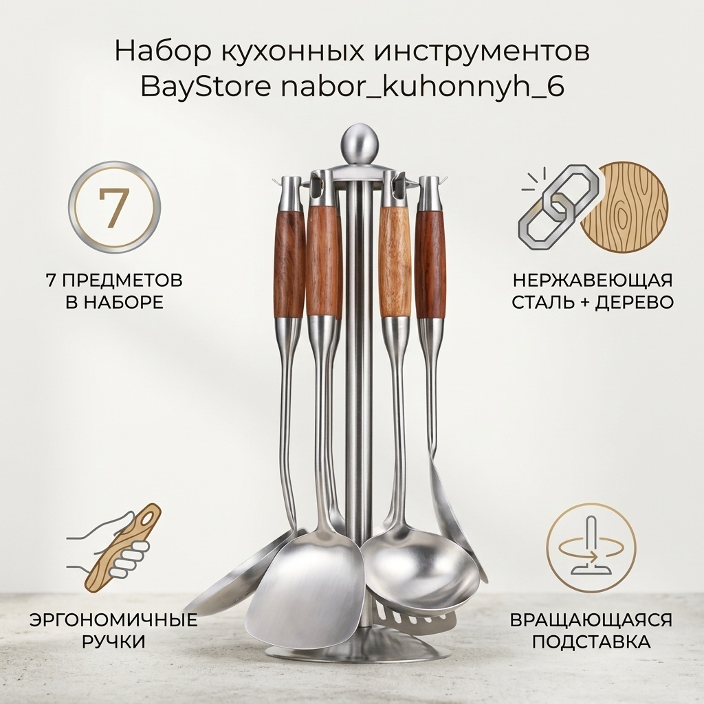 Набор кухонных инструментов BayStore дерево, нержавеющая сталь, 7 шт
