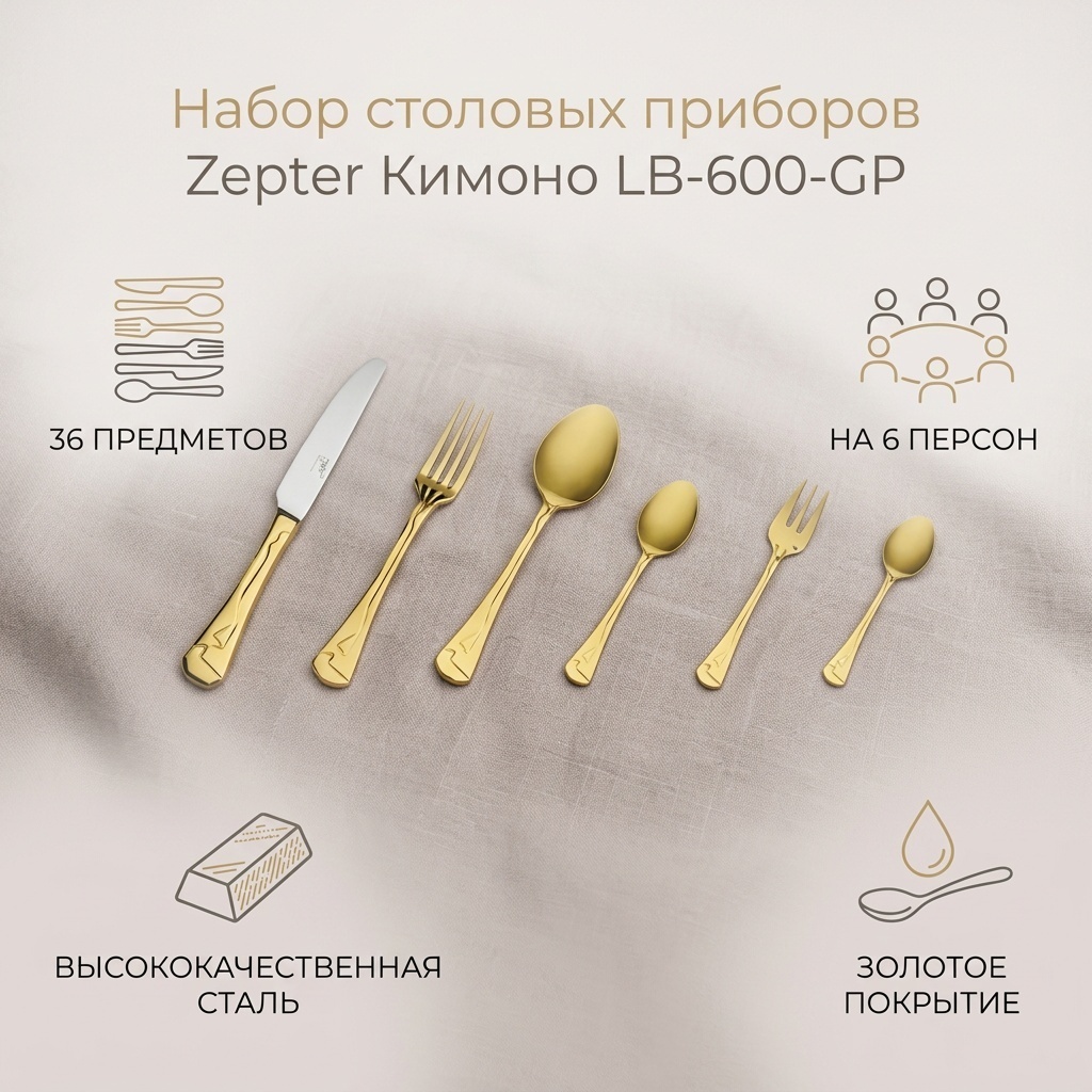 Набор столовых приборов Zepter 36 шт, золотистый Кимоно LB-600-GP