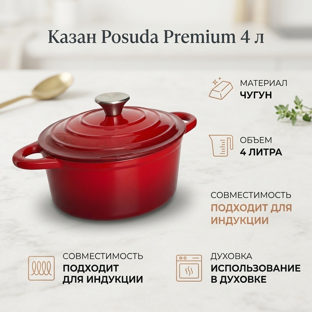 Казан Posuda Premium 4 л, чугун