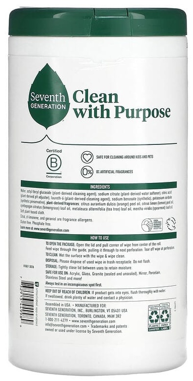 Влажные салфетки Seventh Generation с разными поверхностями, лимонная цедра 70 шт