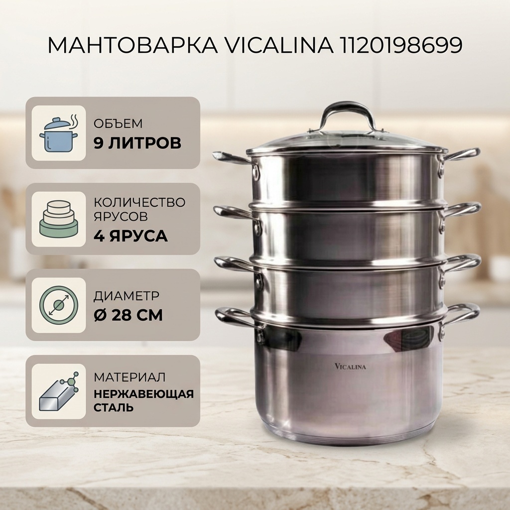 Мантоварка 9 л, Vicalina сталь, количество ярусов: 4