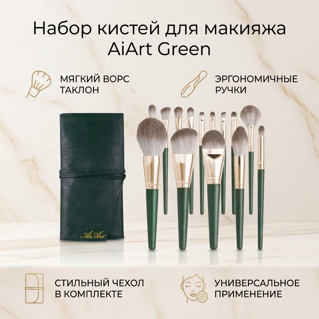 AiArt набор кистей для макияжа Green 14 шт в чехле