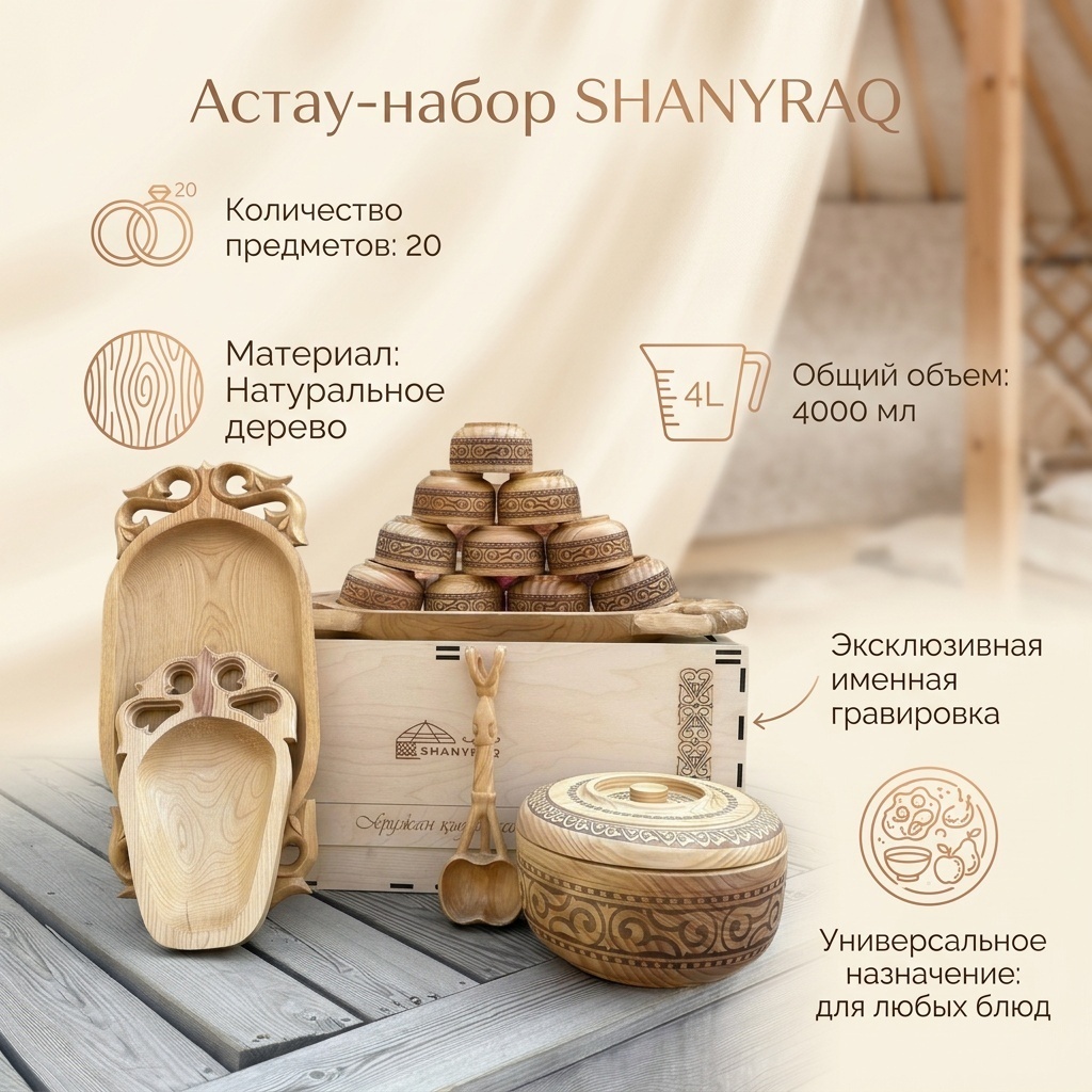 Астау SHANYRAQ коллекциясы 70х29 см, дерево, нержавеющая сталь, 20 шт