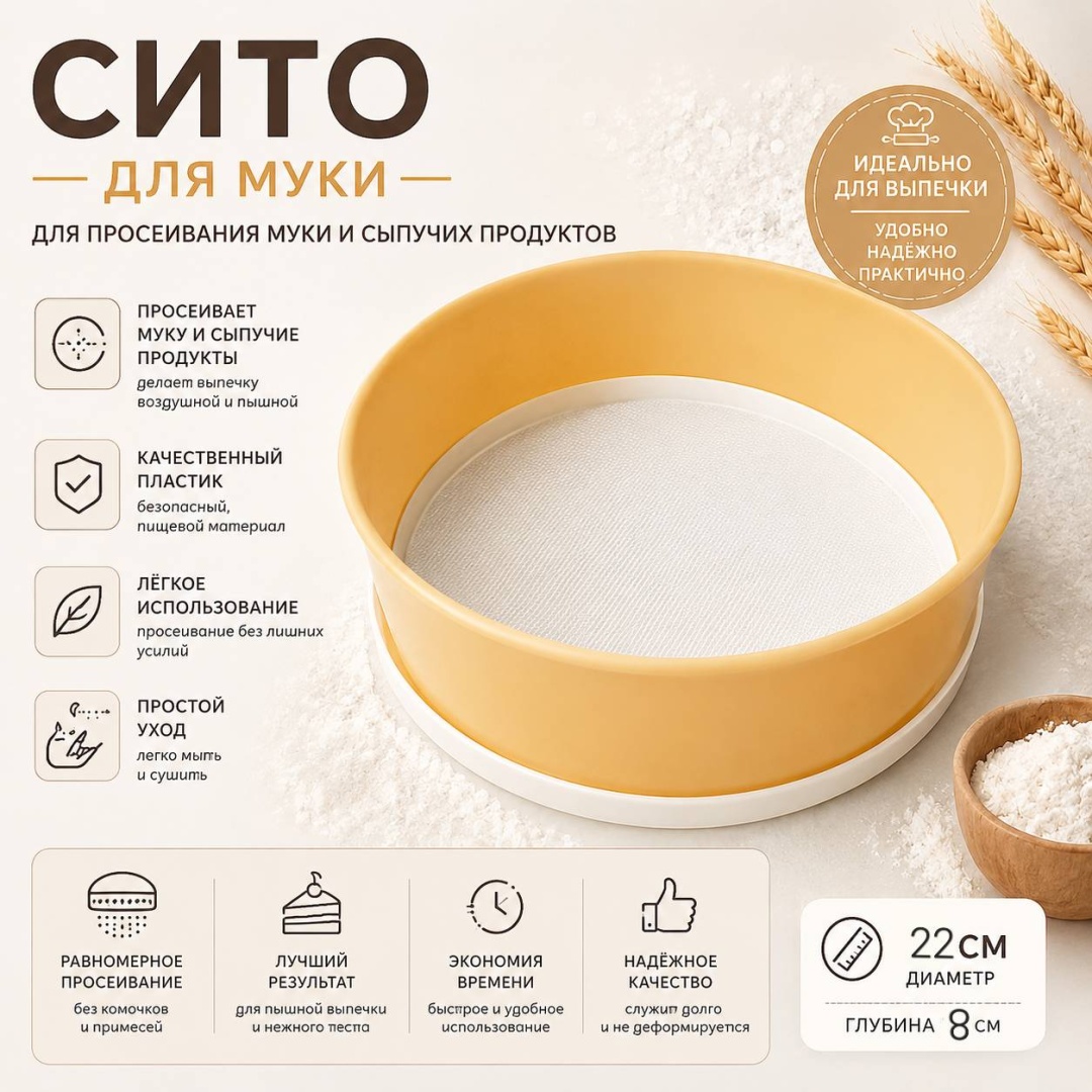 Сито для муки bakery 22 см пластик, 1 шт