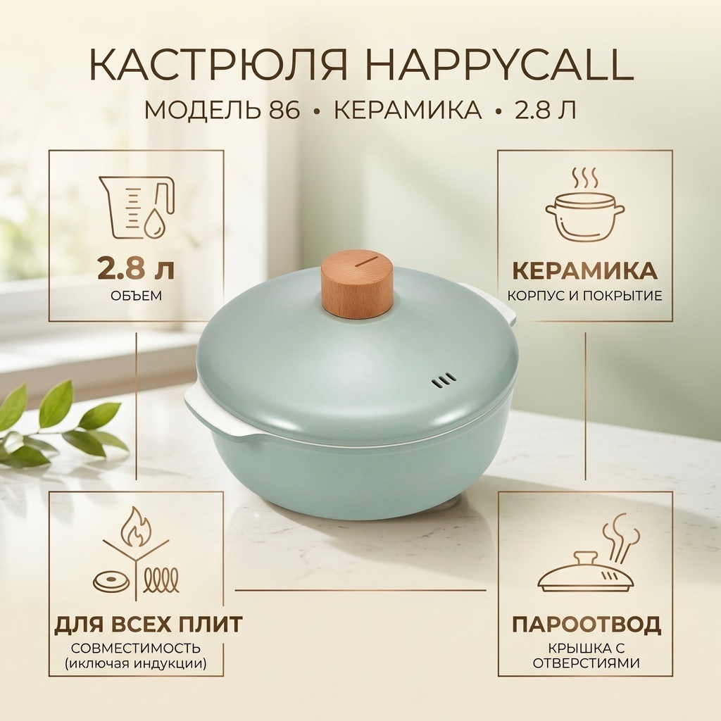 Кастрюля 2.8 л, Happycall 86 керамика