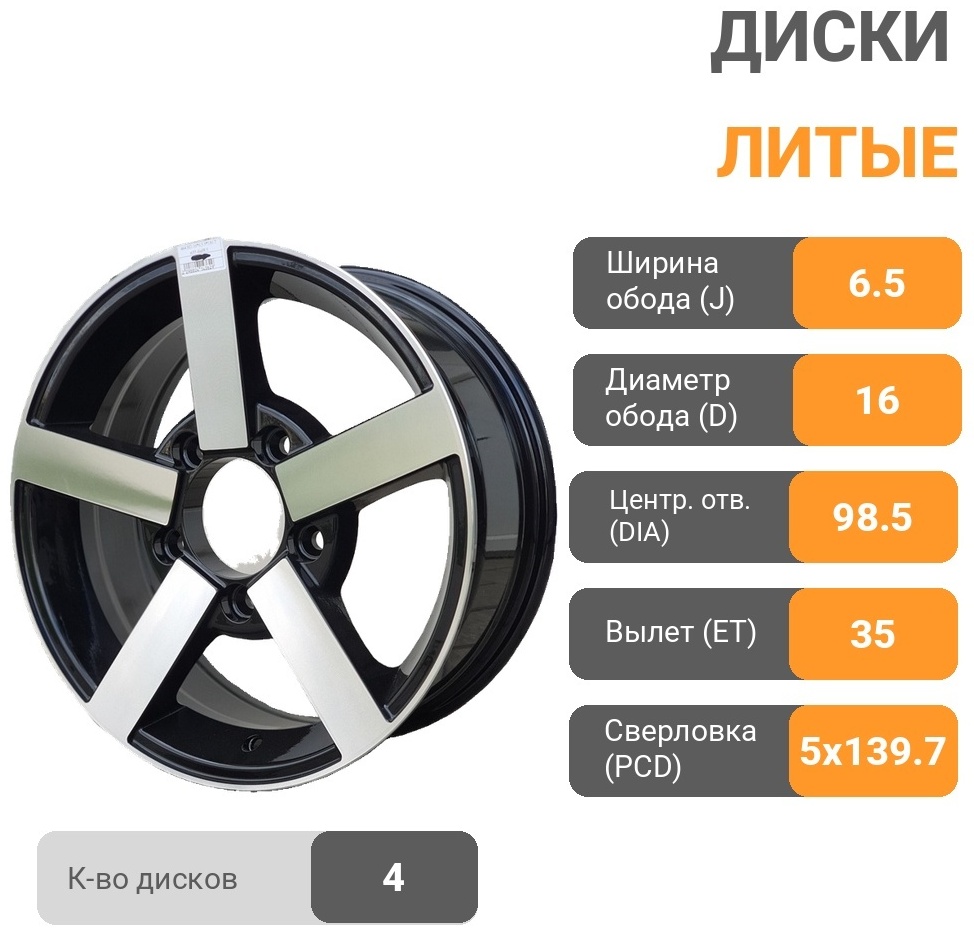 RNO 464 6.5x16/5x139.7 D98.5 ET35 4 диска черный, серебристый