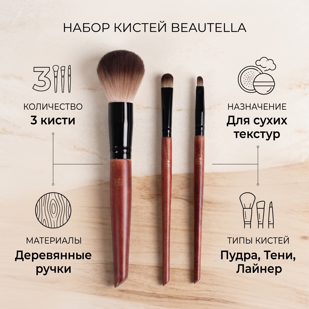Beautella Набор кистей 3шт коричневый 3