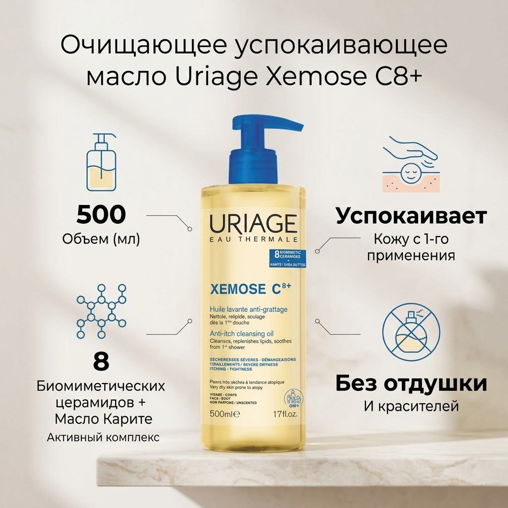 URIAGE Xemose C8+, очищающее успокаивающее масло, без отдушки гель 500 мл