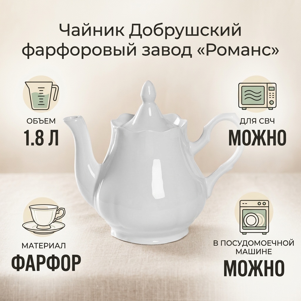 Чайник Добрушский фарфоровый завод 1332994 1.8 л, фарфор