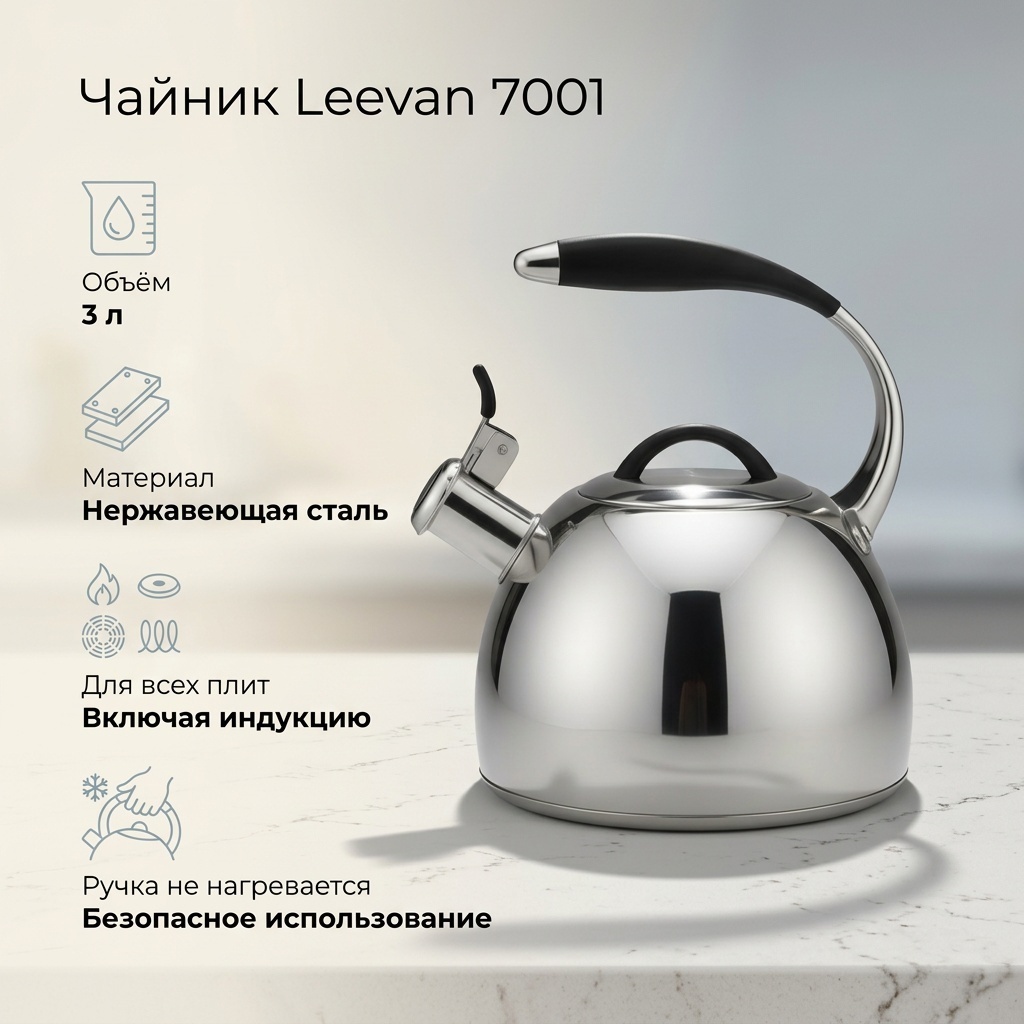 Leevan чайник 7001 3 л, нержавеющая сталь