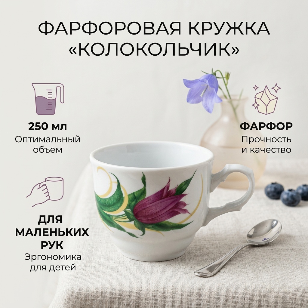 Кружка Добрушский фарфоровый завод Колокольчик, 250 мл, фарфор, 1 шт.