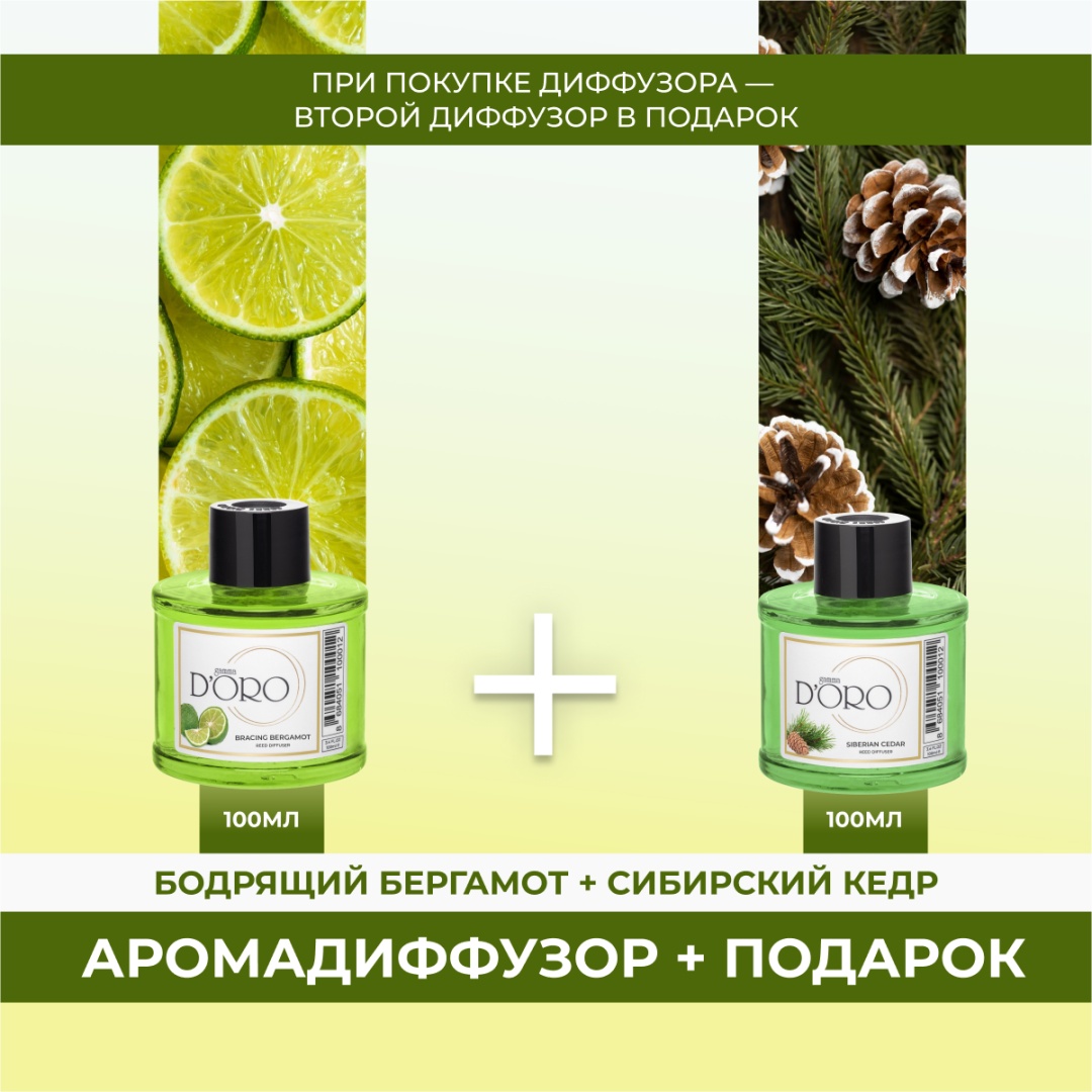 Диффузор с палочками Gamma D'ORO Бодрящий бергамот 100мл+Сибирский кедр 100 мл 100 мл