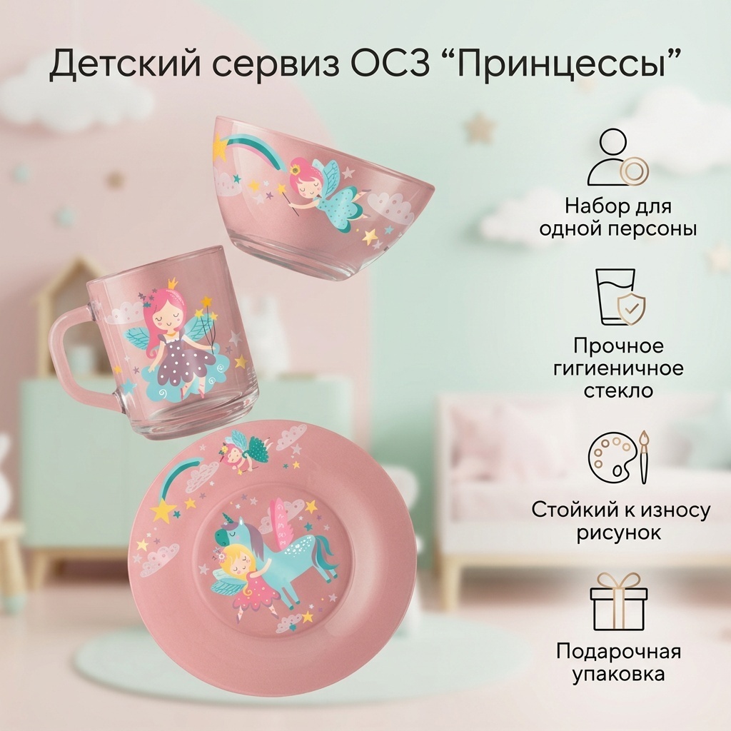 Сервиз на 1 персону ОСЗ Принцессы, предметов: 3, чайно-столовый, стекло