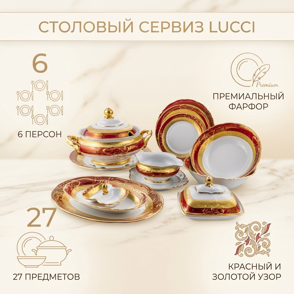 Сервиз на 6 персон LUCCI , предметов: 27, столовый, фарфор, костяной фарфор