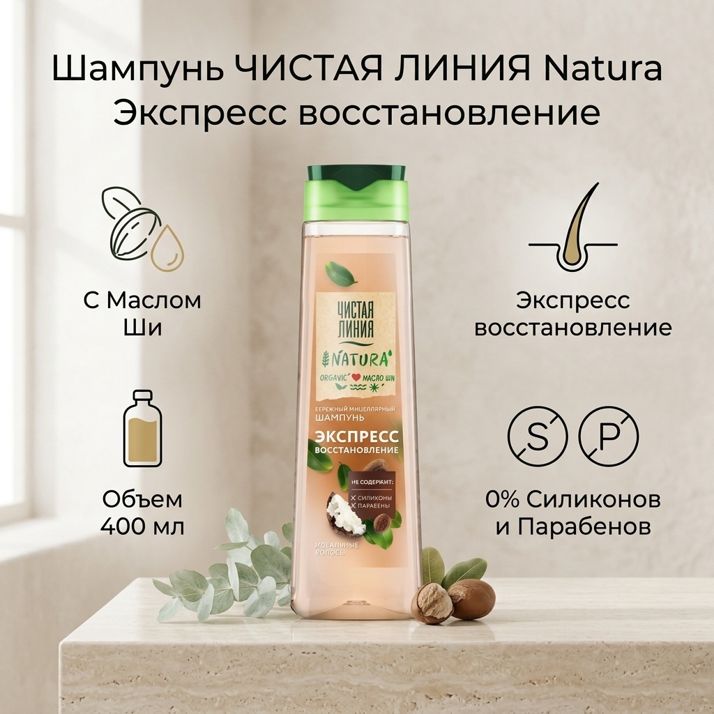 ЧИСТАЯ ЛИНИЯ Natura Масло ши Экспресс восстановление идеальные волосы шампунь 400 мл