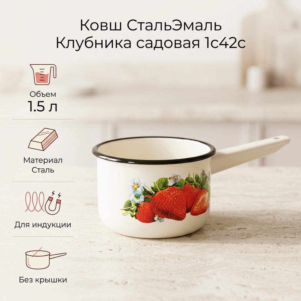 Ковш 1.5 л, СтальЭмаль Клубника садовая 1с42с сталь