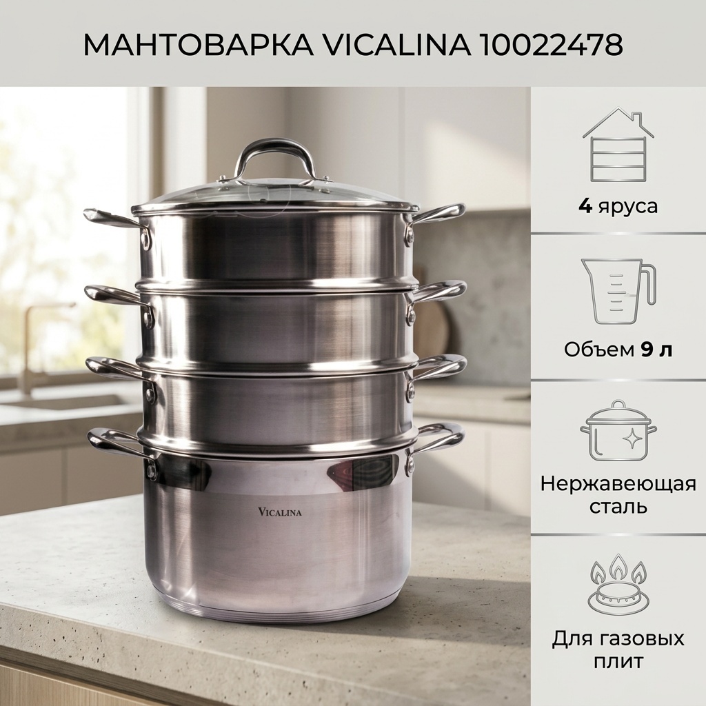Мантоварка 9 л, Vicalina нержавеющая сталь, количество ярусов: 4