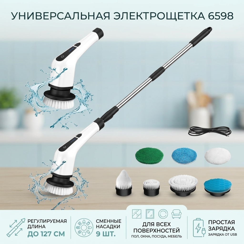 Щетка для зеркал и стекол, для мебели, для металлических поверхностей, для пола, для посуды, универсальная 6598 Электрощетка для уборки универсальная 1 шт, металл, нетканое полотно, поролон, пластик