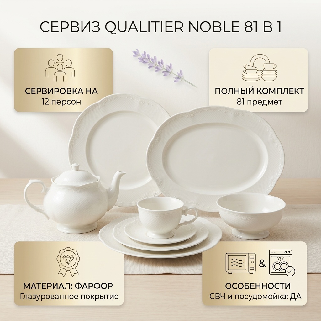 Сервиз на 12 персон Qualitier Noble, предметов: 81, чайно-столовый, фарфор