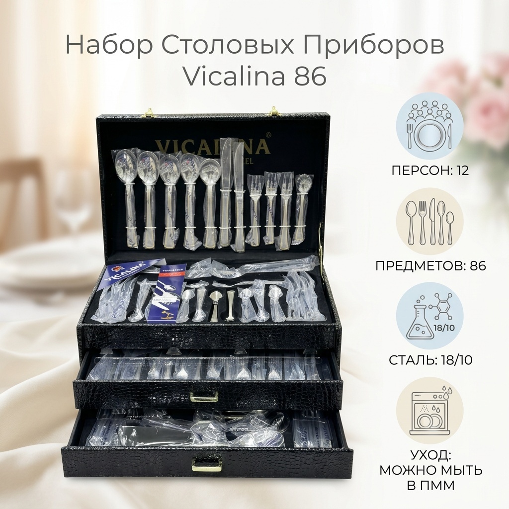 Набор столовых приборов Vicalina 86 шт, серебристый Vicalina 86