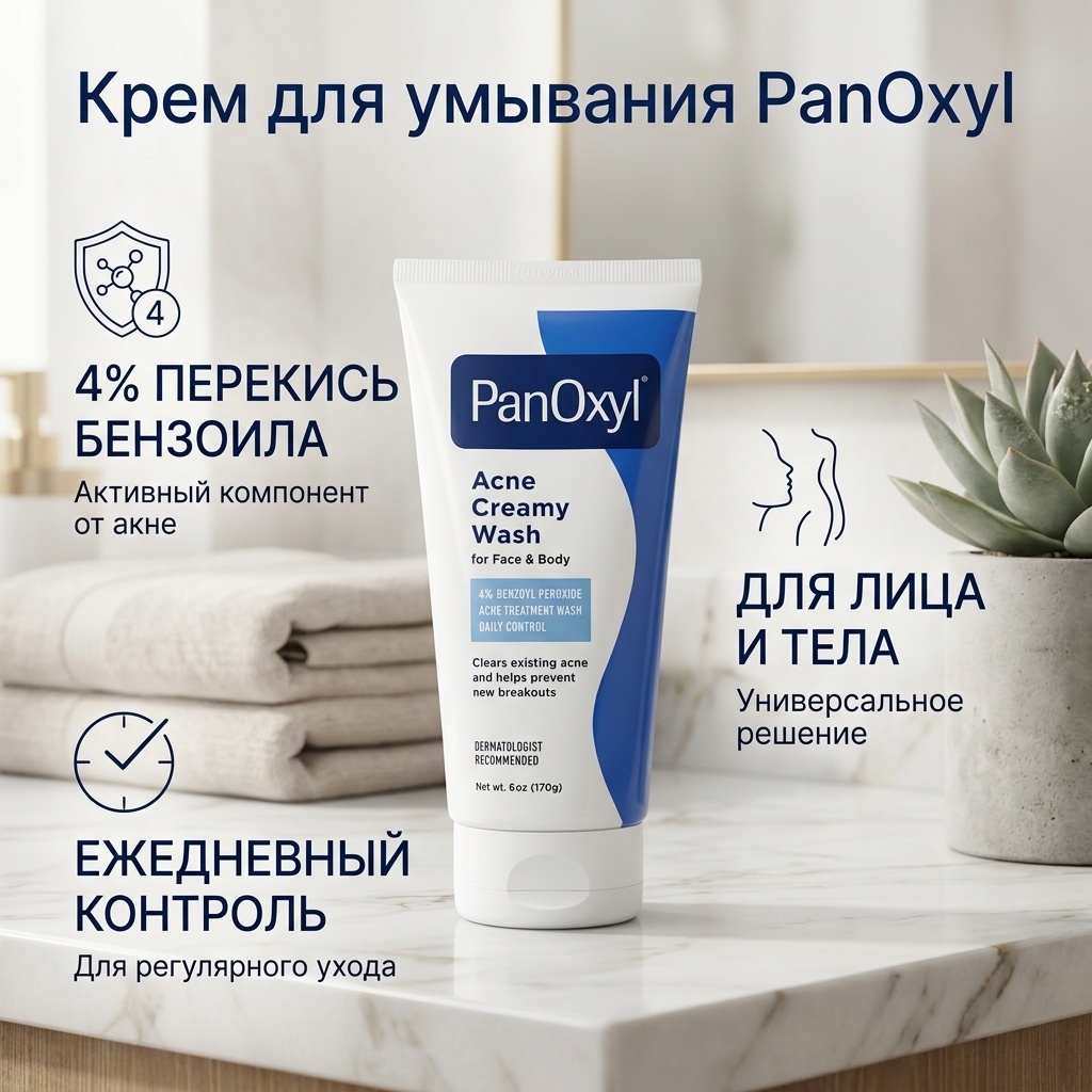 PanOxyl Крем для умывания от угрей, ежедневный контроль с 4% перекисью бензоила, 6 унций (170 г) крем 170 мл