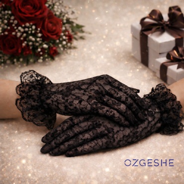Перчатки женские с кружевными манжетами короткие OZGESHE черные