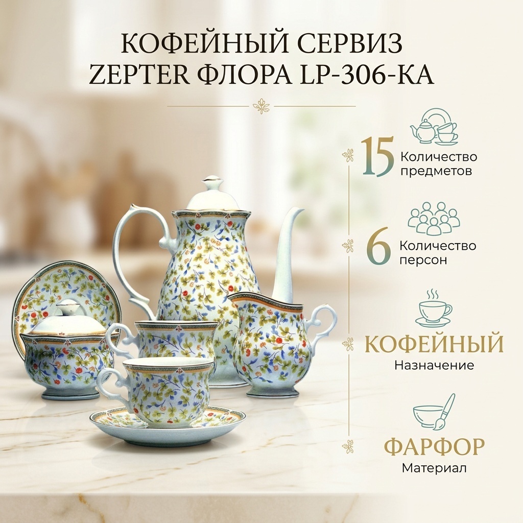 Сервиз на 6 персон Zepter Флора, предметов: 15, кофейный, фарфор