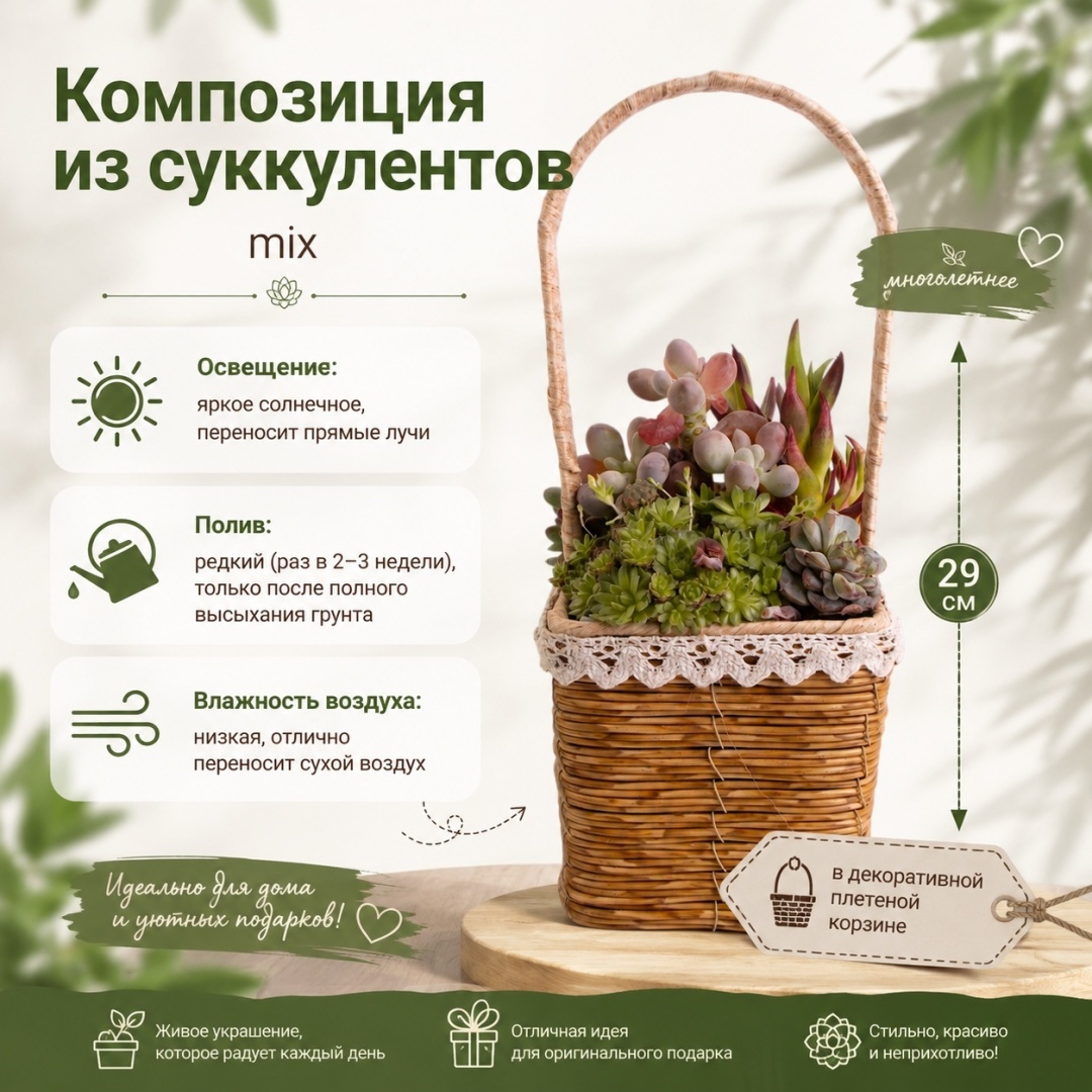 Растение настольное: эхеверия IVI в корзине FLR26-4 многолетнее 29 см