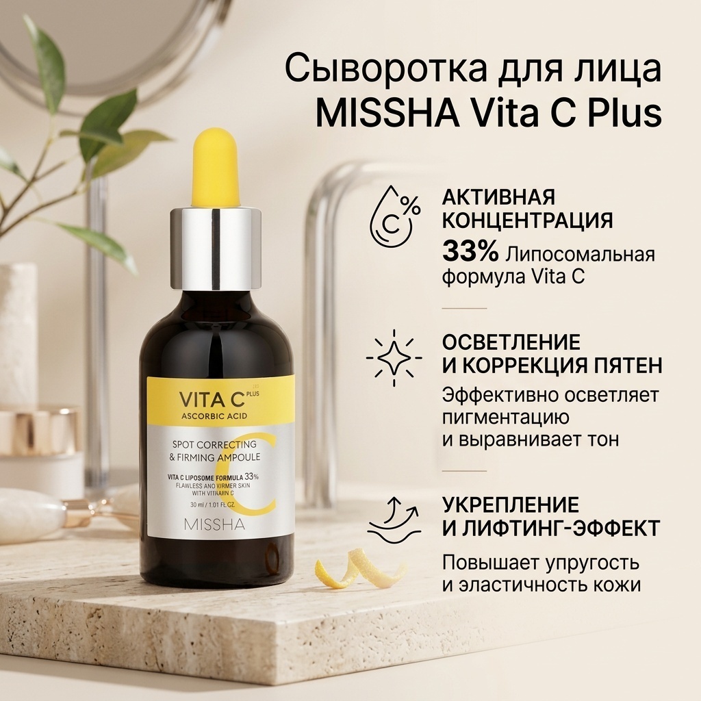 MISSHA сыворотка Vita C Plus, аскорбиновая кислота, укрепляющая ампула для коррекции пятен, 30 мл для лица 30 мл