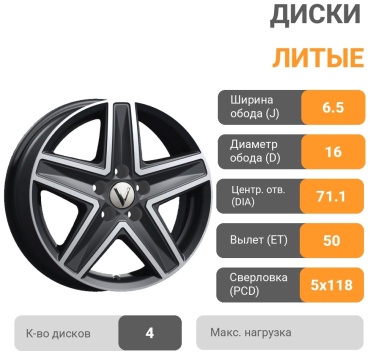 Вектор B237 6.5x16/5x118 D71.1 ET50 4 диска черный, серебристый