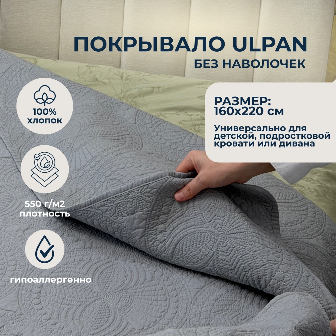 Покрывало ULPAN 160х220 см, хлопок, серый