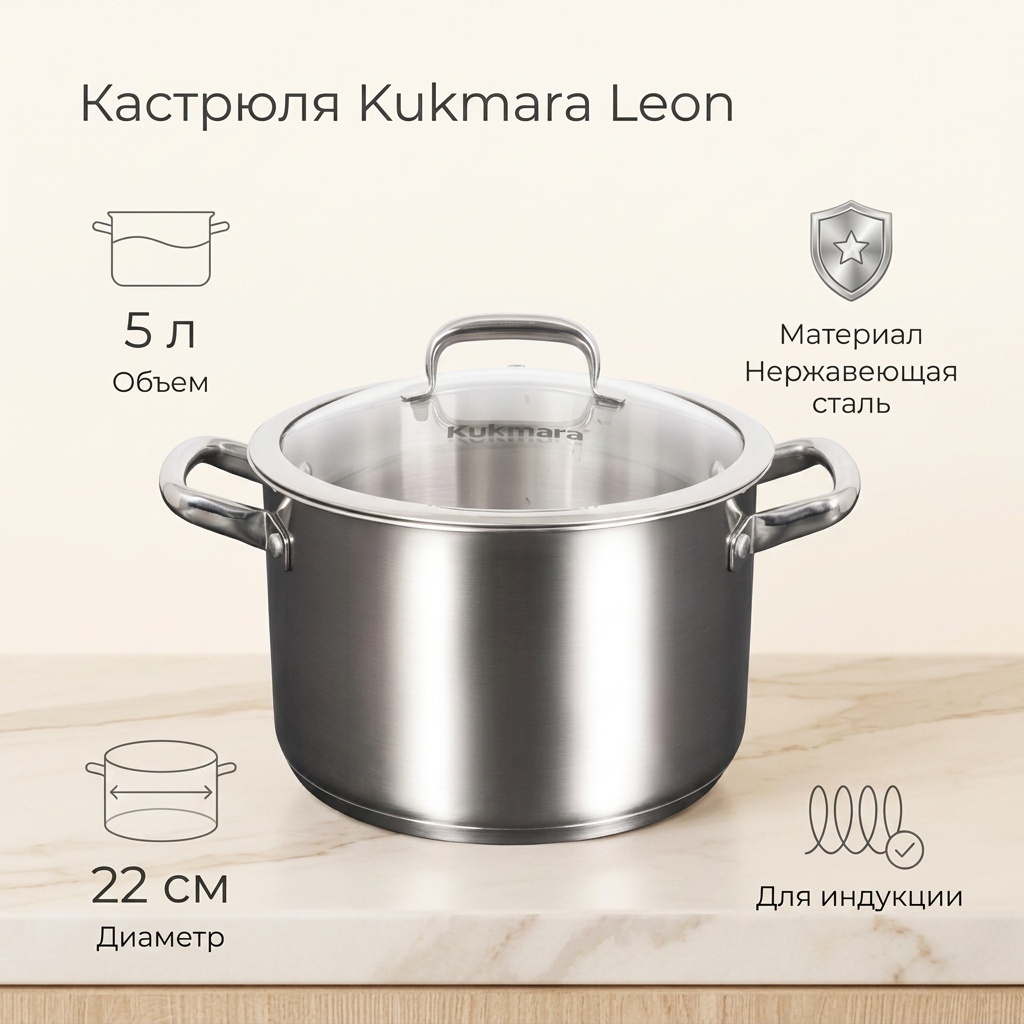 Кастрюля 5 л, Kukmara Leon LN-CA5022G нержавеющая сталь