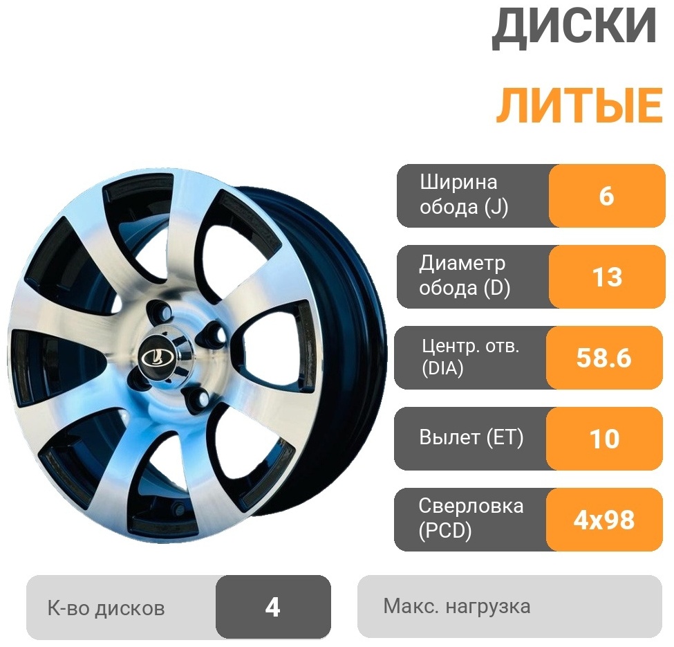 Replica 515 6x13/4x98 D58.6 ET10 4 диска черный, серебристый