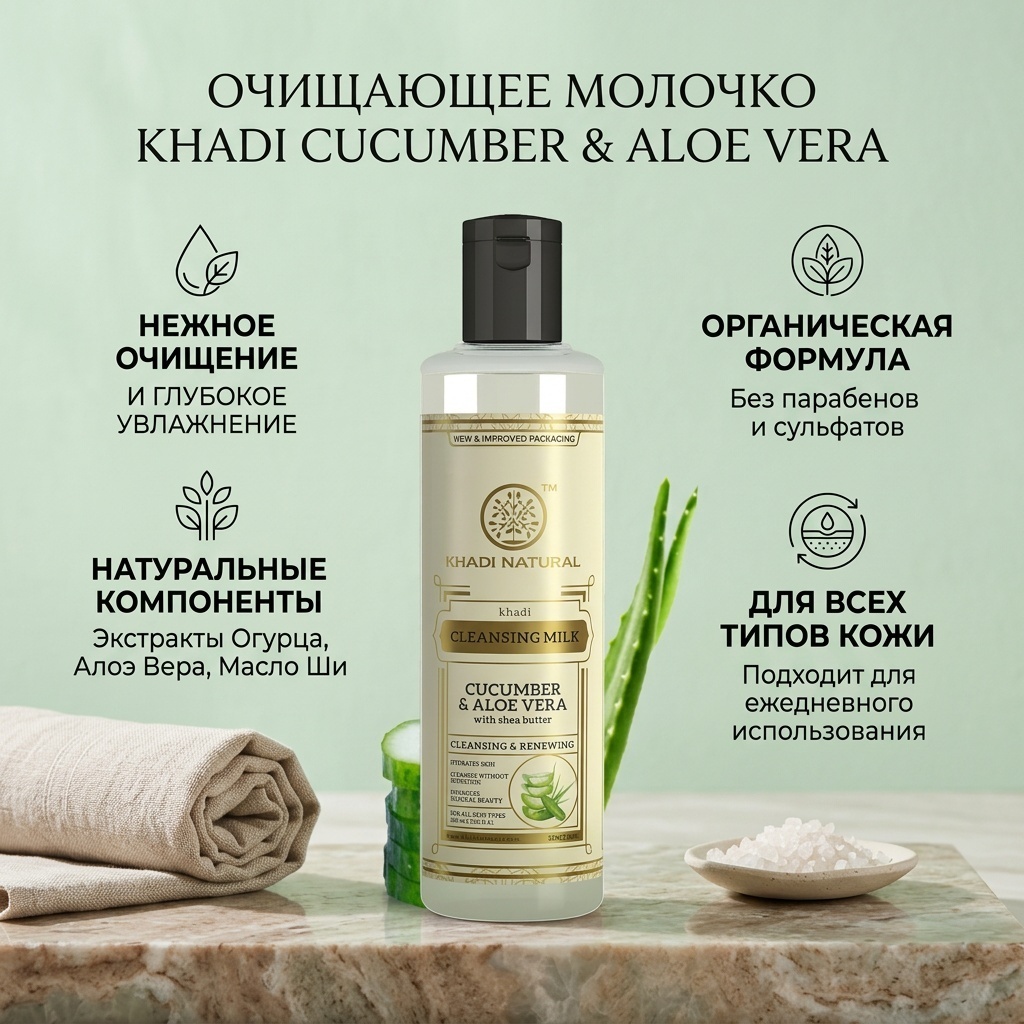 Khadi Очищающее молочко для лица Огурец и Алоэ Вера, 210 мл