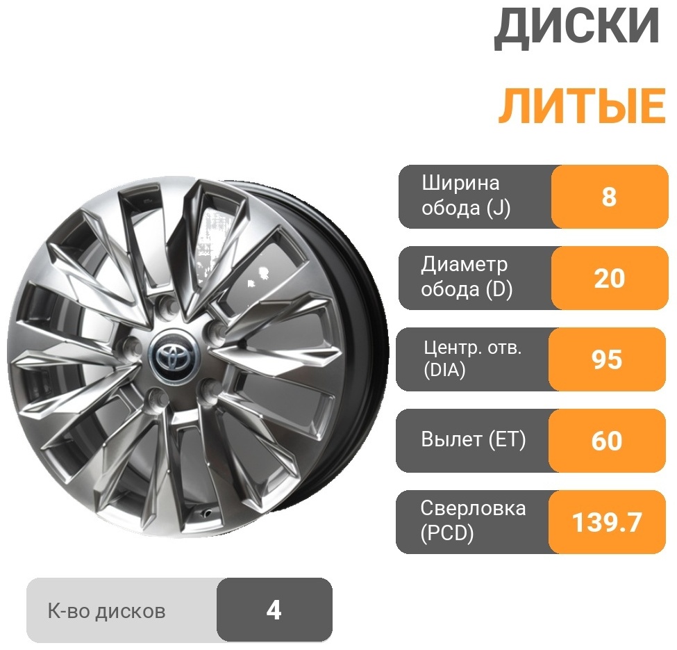 Kipardo H880FA 8x20/6x139.7 D95.1 ET60 4 диска серебристый