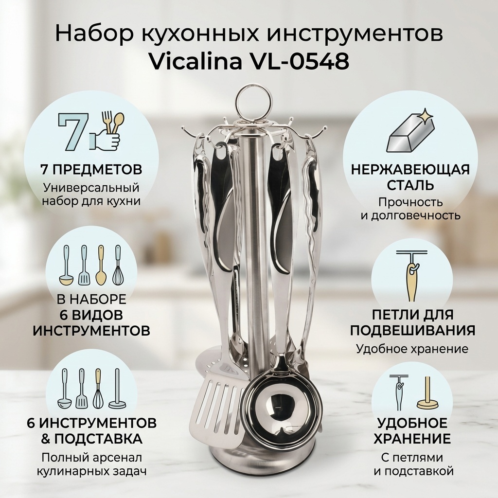 Набор кухонных инструментов Vicalina нержавеющая сталь, 7 шт