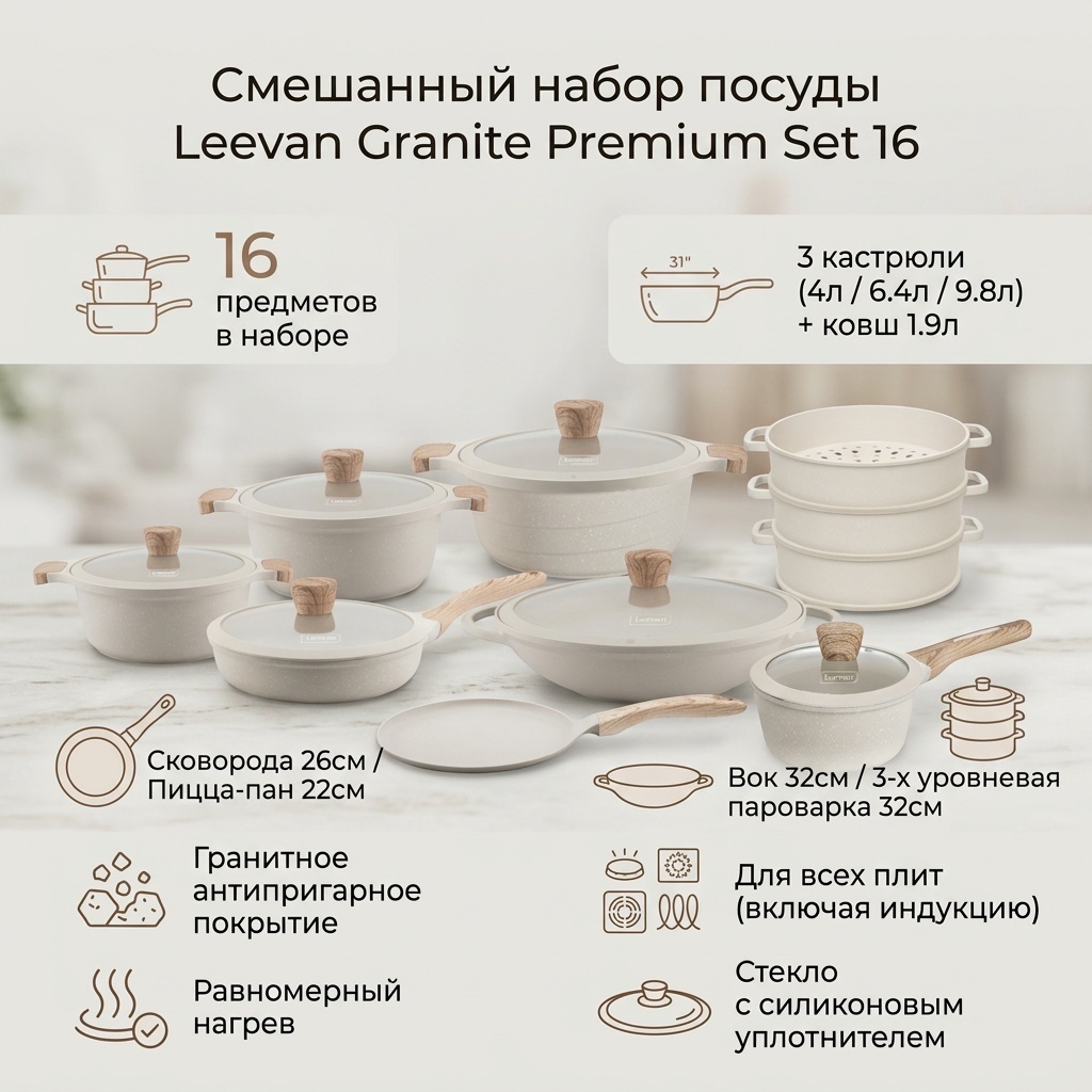 Смешанный набор Leevan Granite Premium Set 16 16 в 1
