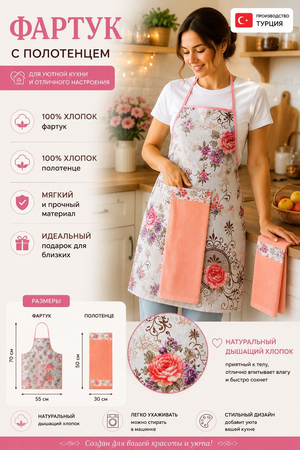 Фартук домашний Busra Розы 242599 70x55 см хлопок, мультиколор