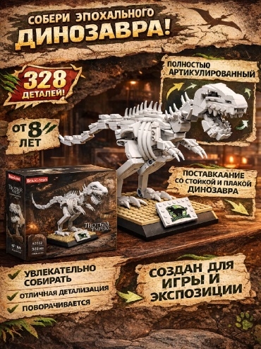 Конструктор Скелет Динозавра Тираннозавр Рекс 30314768_068463004, деталей 328 шт