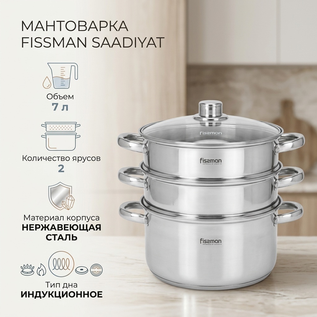 Мантоварка 7 л, Fissman Saadiyat нержавеющая сталь, количество ярусов: 2