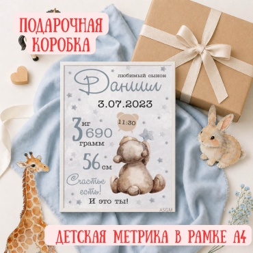ASGM фоторамка Метрика ребенка в рамке А4 Детская метрика новорожденного с именем Подарок новорожденному Для мальчика