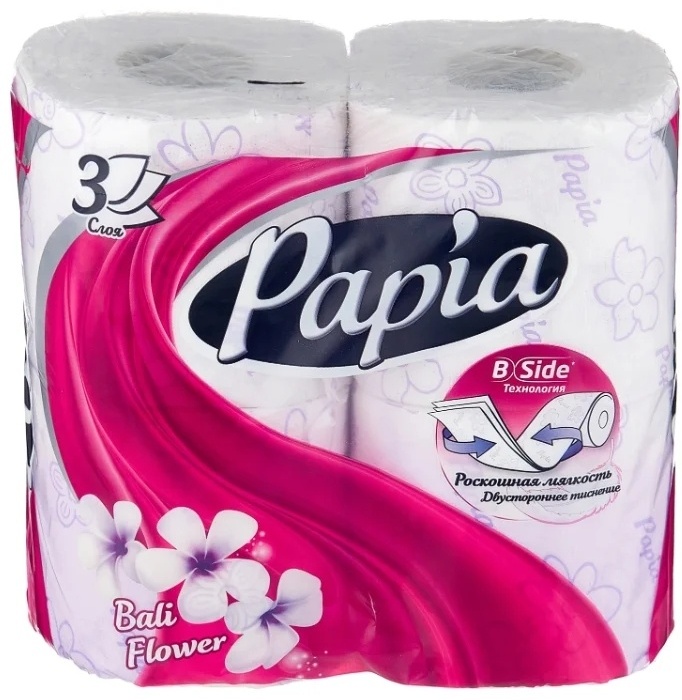 Papia туалетная бумага Bali Flower 3-слойный 4 шт, первичная целлюлоза