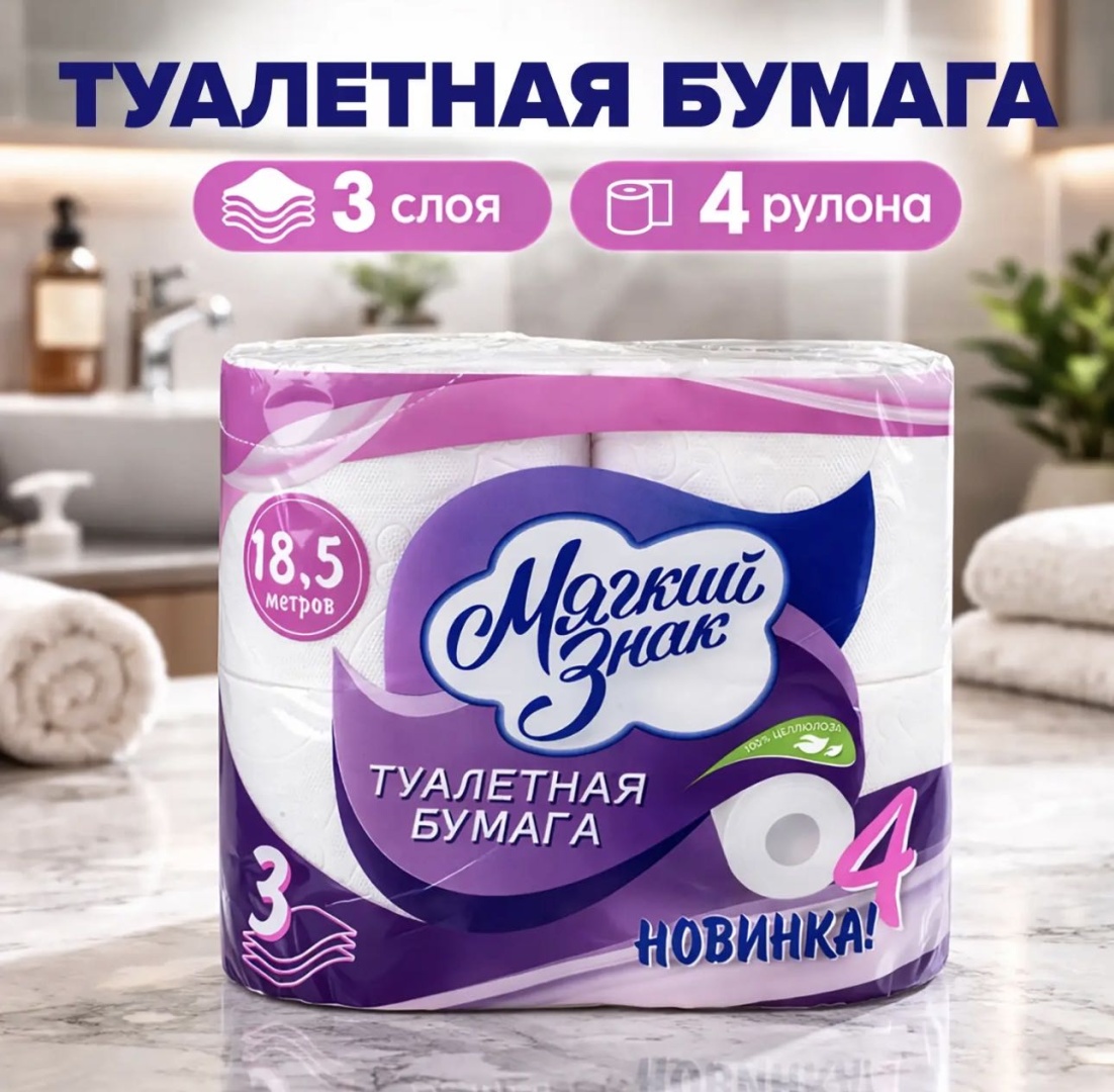 Мягкий знак туалетная бумага 3-слойный 4 шт, первичная целлюлоза