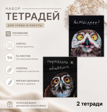 Набор общих тетрадей Полином 3258 "Эмоциональные совы", 96 л, А5, клетка, мягкая обложка, 2 шт