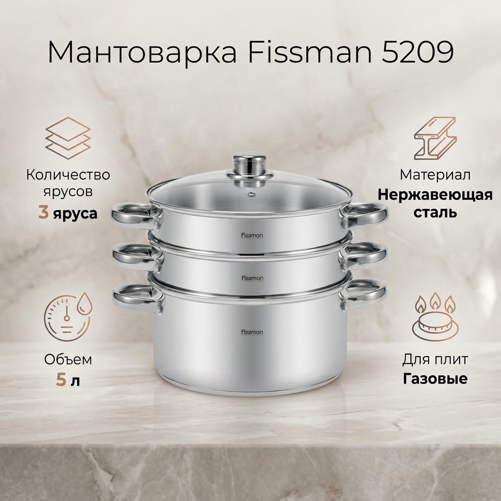 Мантоварка 5 л, Fissman нержавеющая сталь, количество ярусов: 3