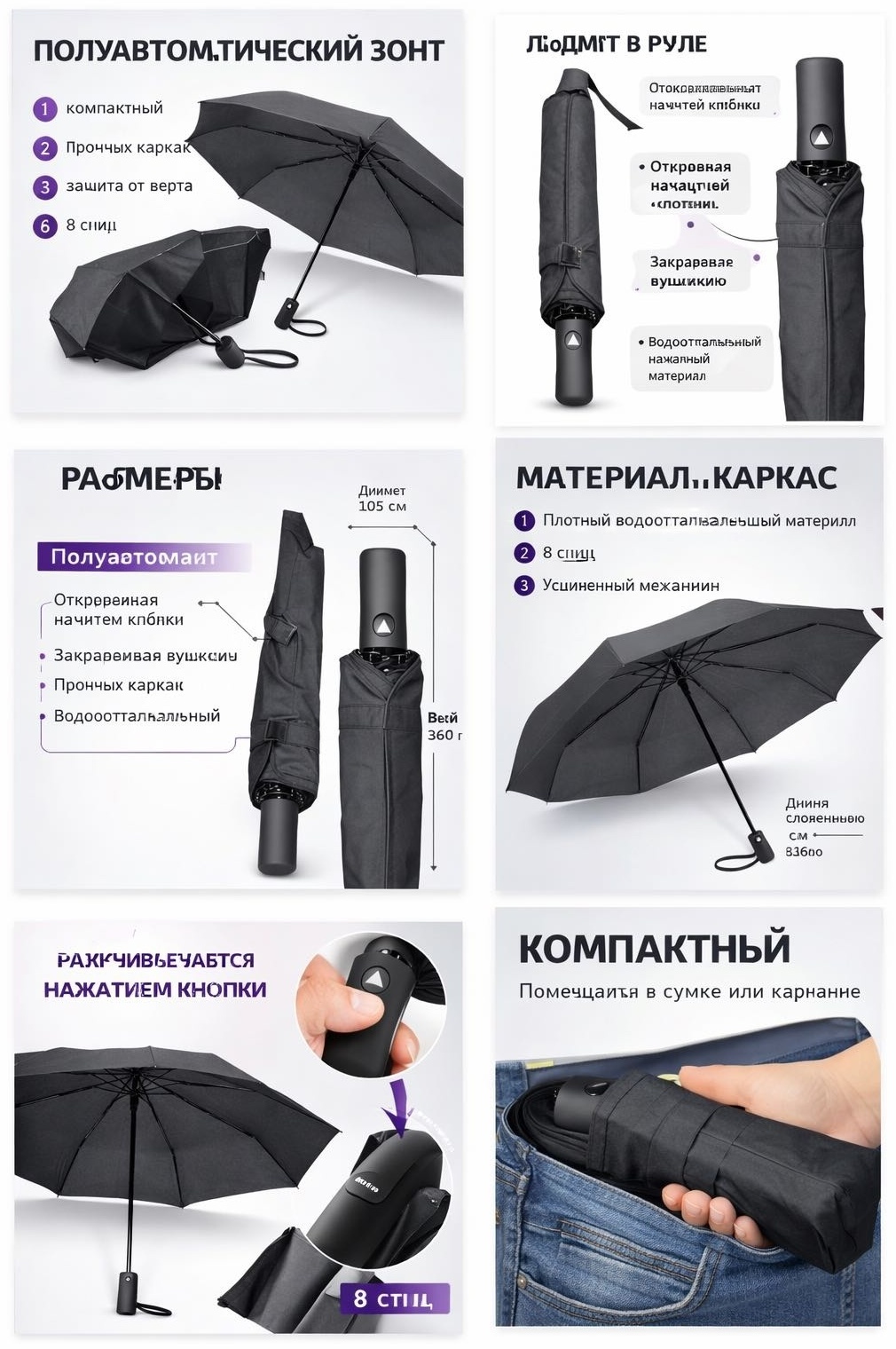 Складной зонт полуавтомат черный, черный глянец