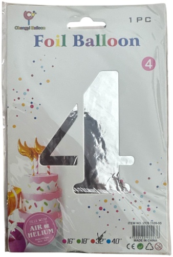 Воздушный шар Foil Balloon Фольгированный шар цифра 4 серебристый 32” (1 шт) 1 шт, серебристый