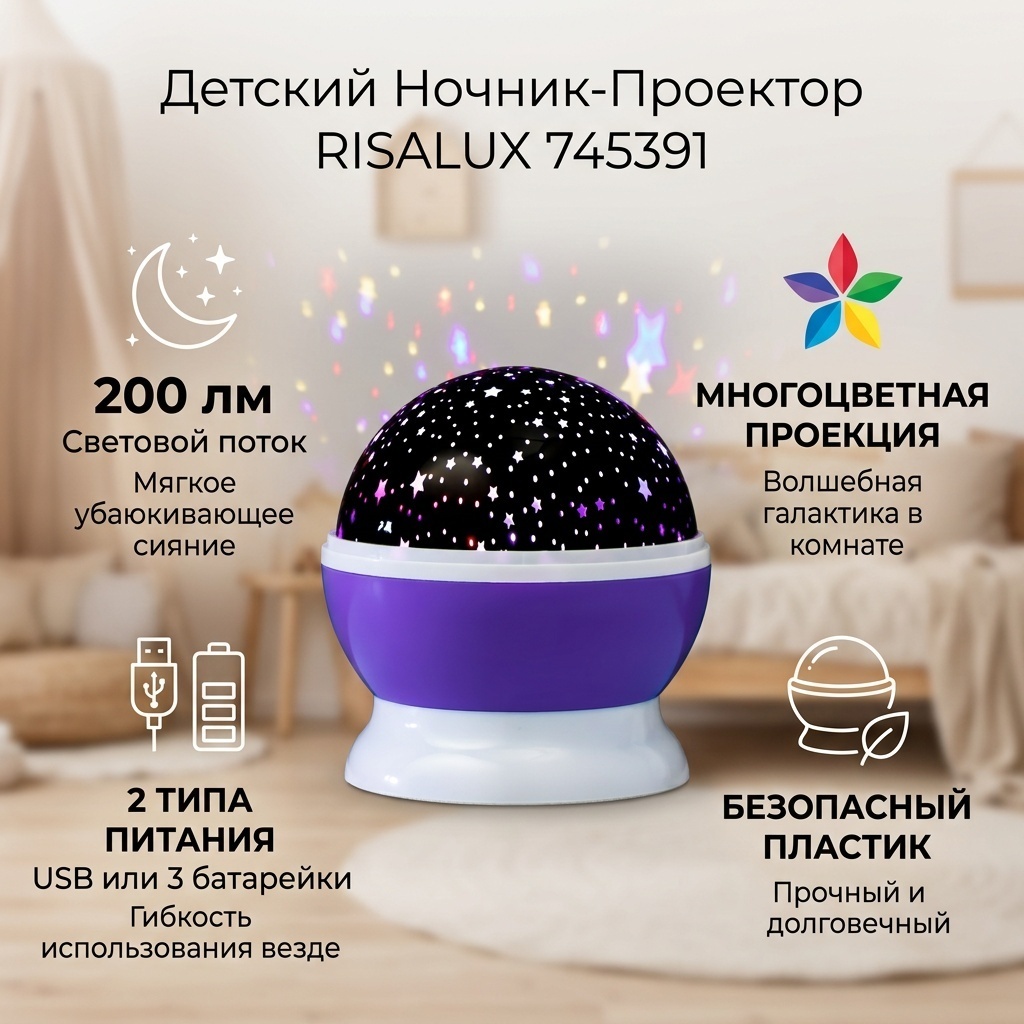 RISALUX ночник детский настольный 745391, белый