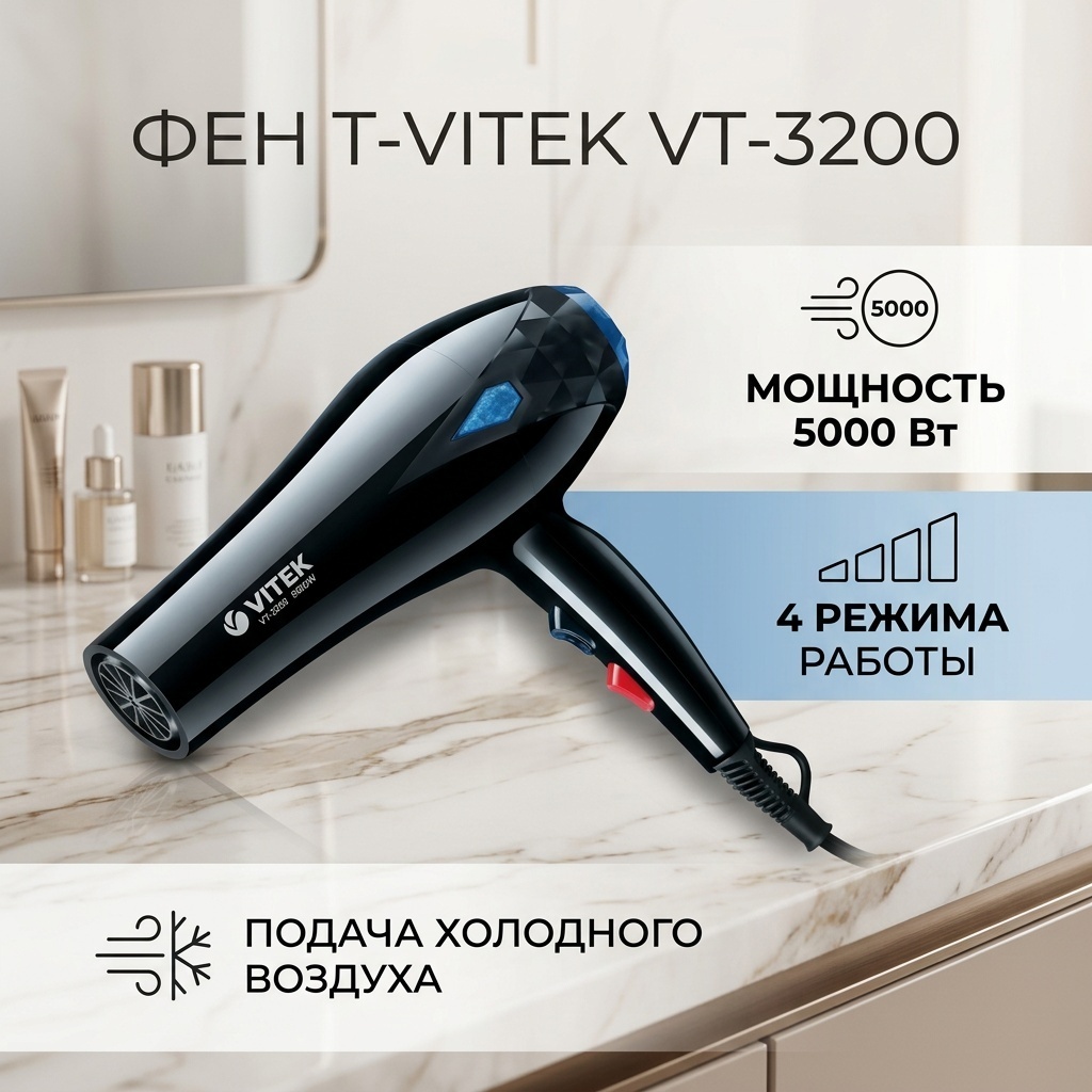 T-VITEK VT-3200 фен черный, синий
