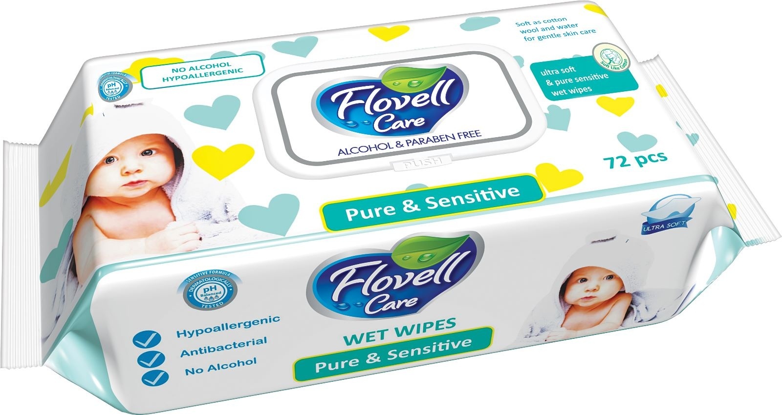 Детские влажные салфетки Flovell Care Pure & Sensitive 72 шт зелёный
